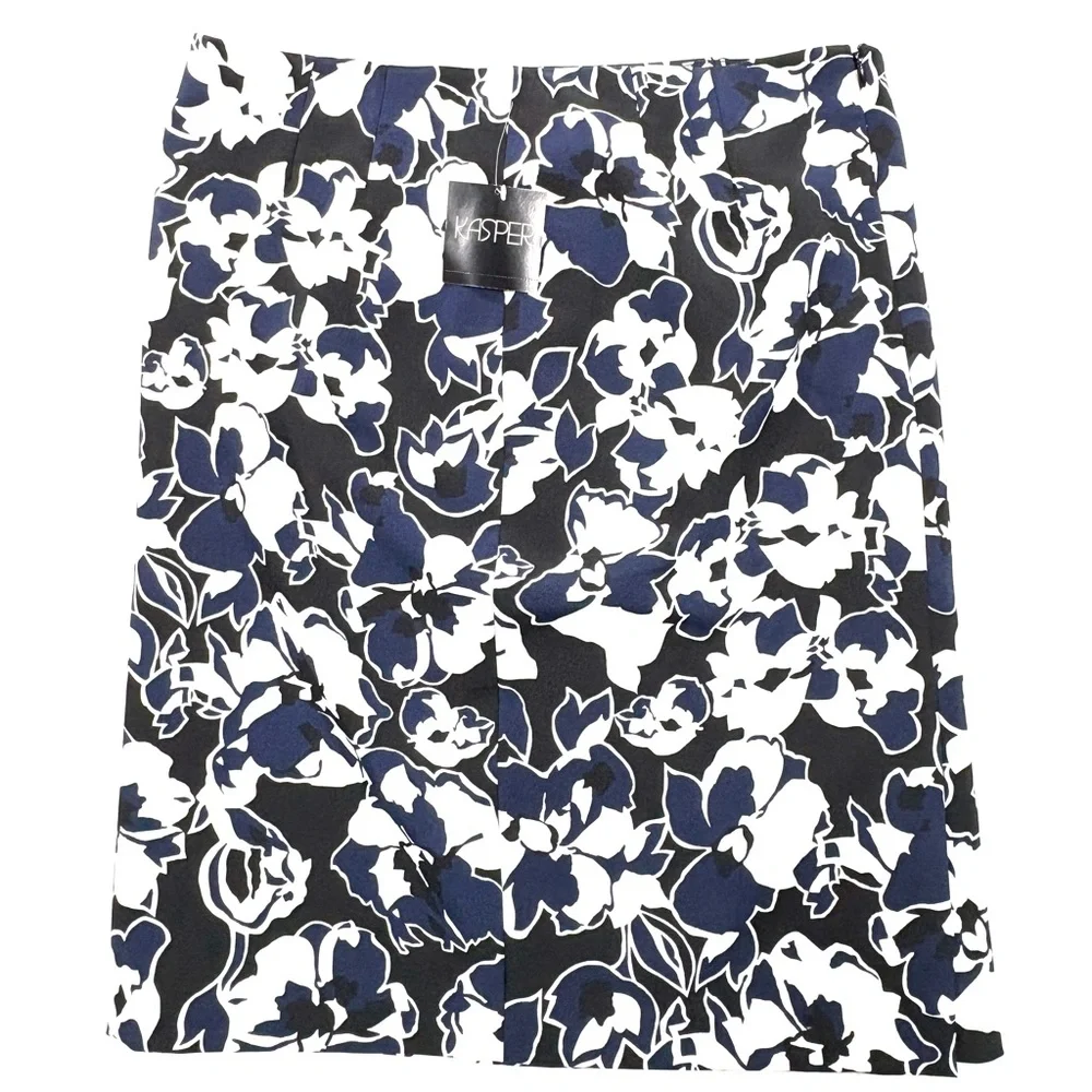 NWT Womens Stylish Size 12 Kasper Floral Lined Pencil Skirt Black White Blue - Picture 2 of 9